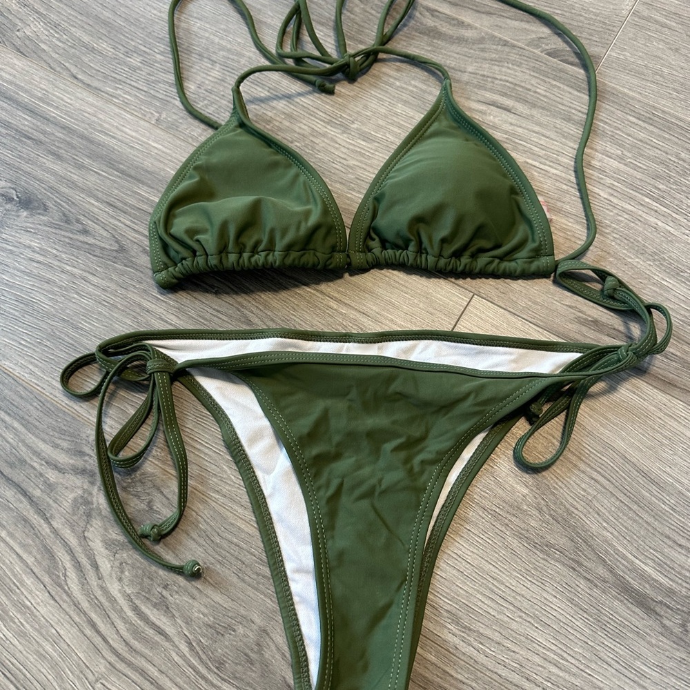 ROMWE Olive Green Triangle Tie-Side Bikini Set